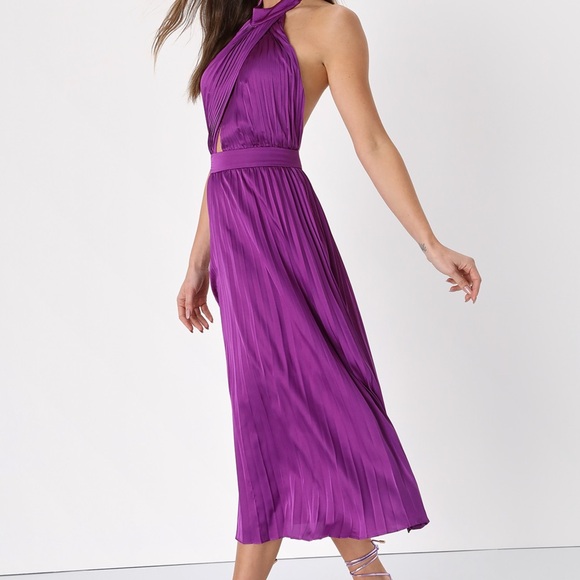 Lulus Totally Charming Purple Satin Pleated Halter Midi Dress Lulu’s Small NWT - Picture 3 of 13